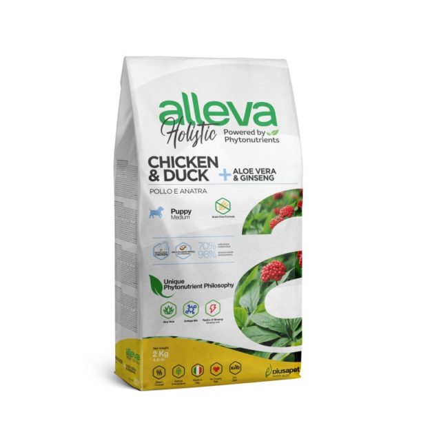 Croquettes ultra premium Sans céréales Alleva Holistic Poulet & Canard Chiot Maxi 12Kg