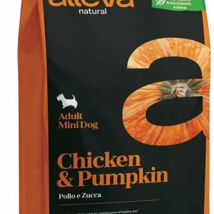 Croquettes Super Premium complètes Alleva Natural Poulet & Potiron pour chiot de petite race et femelle en gestation et en période de lactation.